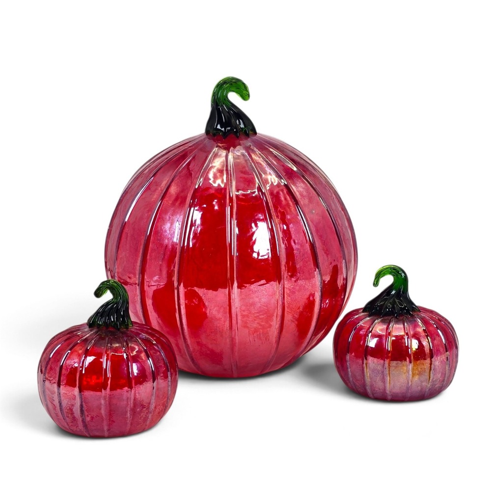 Set of 3 Red Iridescent Hand Blown Art Glass Pumpkins Fall Decor